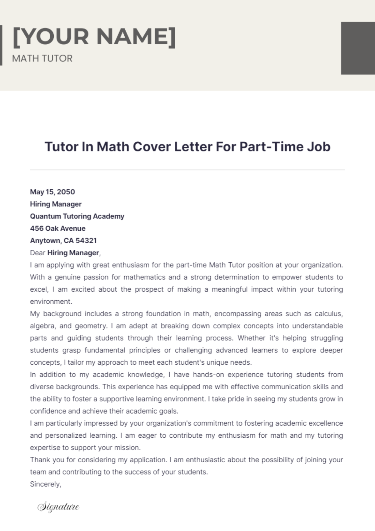 Tutor In Math Cover Letter For Part Time Job