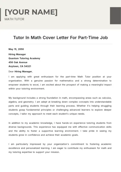 Free Tutor In Math Cover Letter For Part Time Job to Edit Online