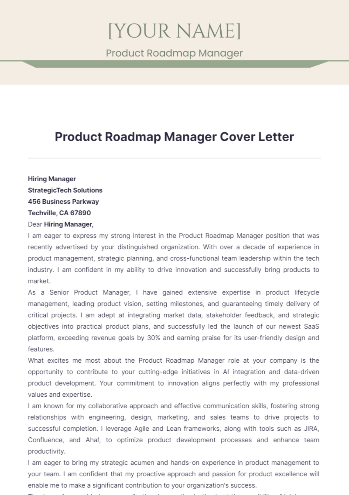 Product Roadmap Manager Cover Letter