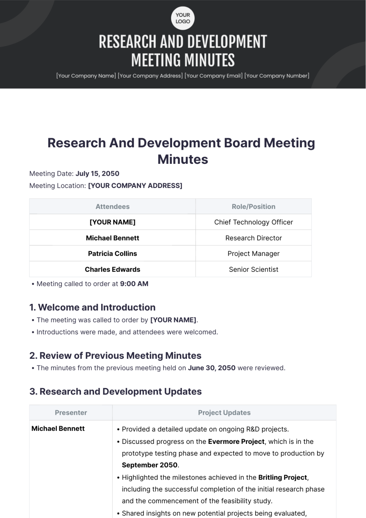 Research And Development Board Meeting Minutes Template - Edit Online & Download