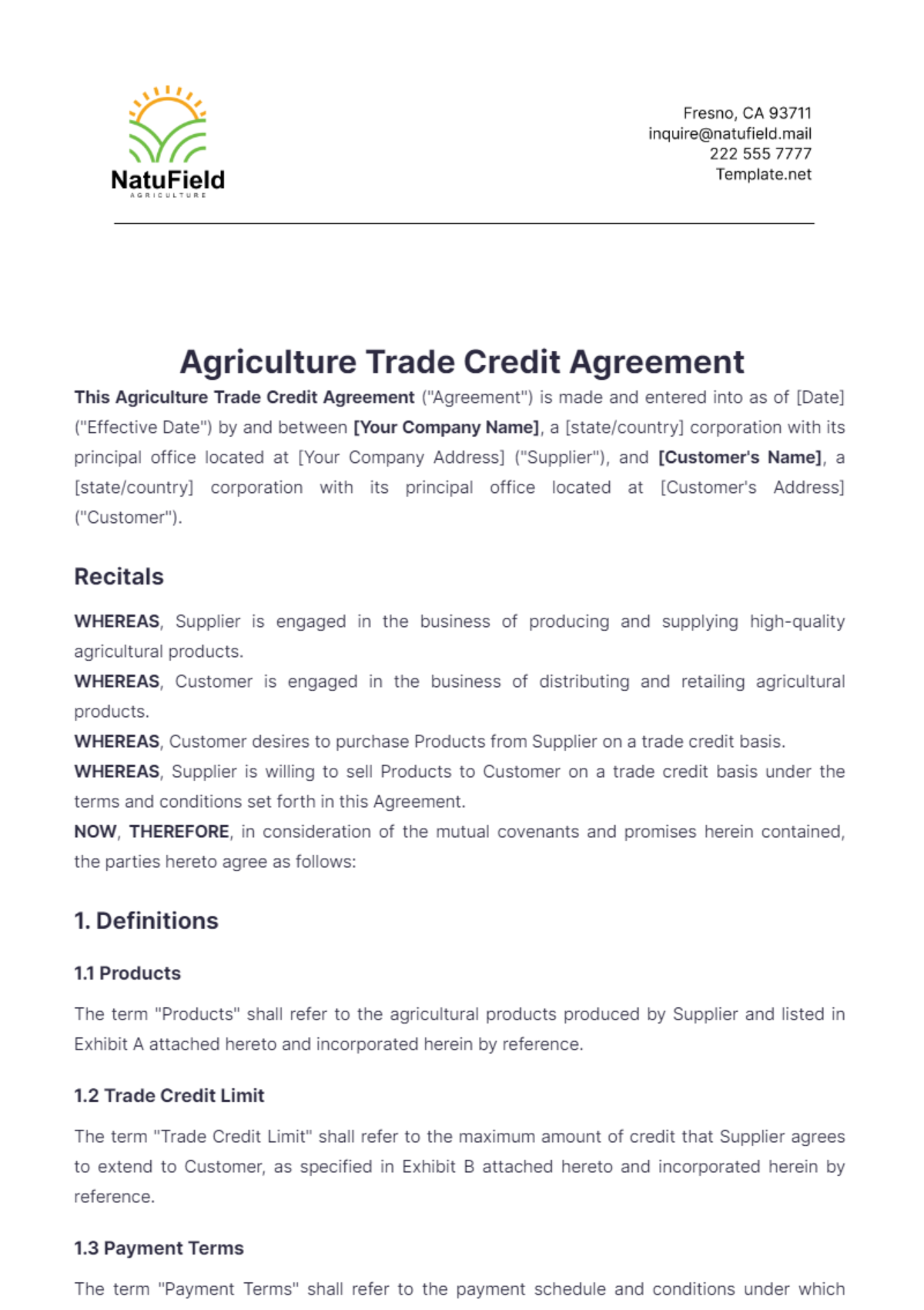 Agriculture Trade Credit Agreement Template - Edit Online & Download