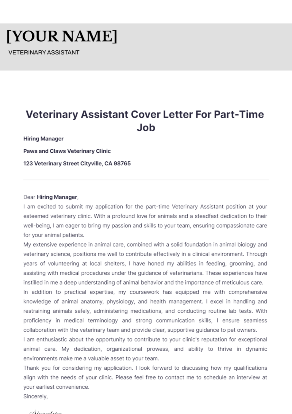 Veterinary Assistant Cover Letter For Part Time Job