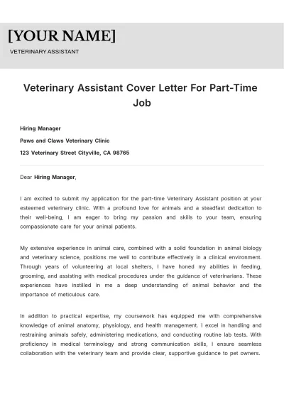 Free Veterinary Assistant Cover Letter For Part Time Job to Edit Online