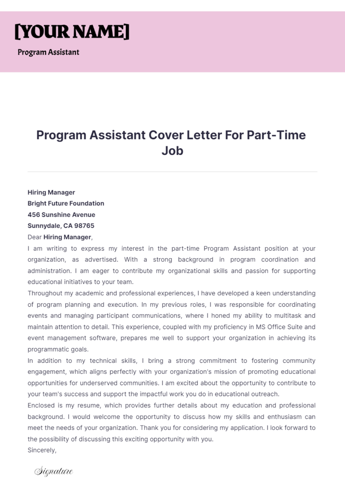 Program Assistant Cover Letter For Part Time Job