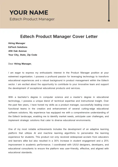 Free Edtech Product Manager Cover Letter to Edit Online