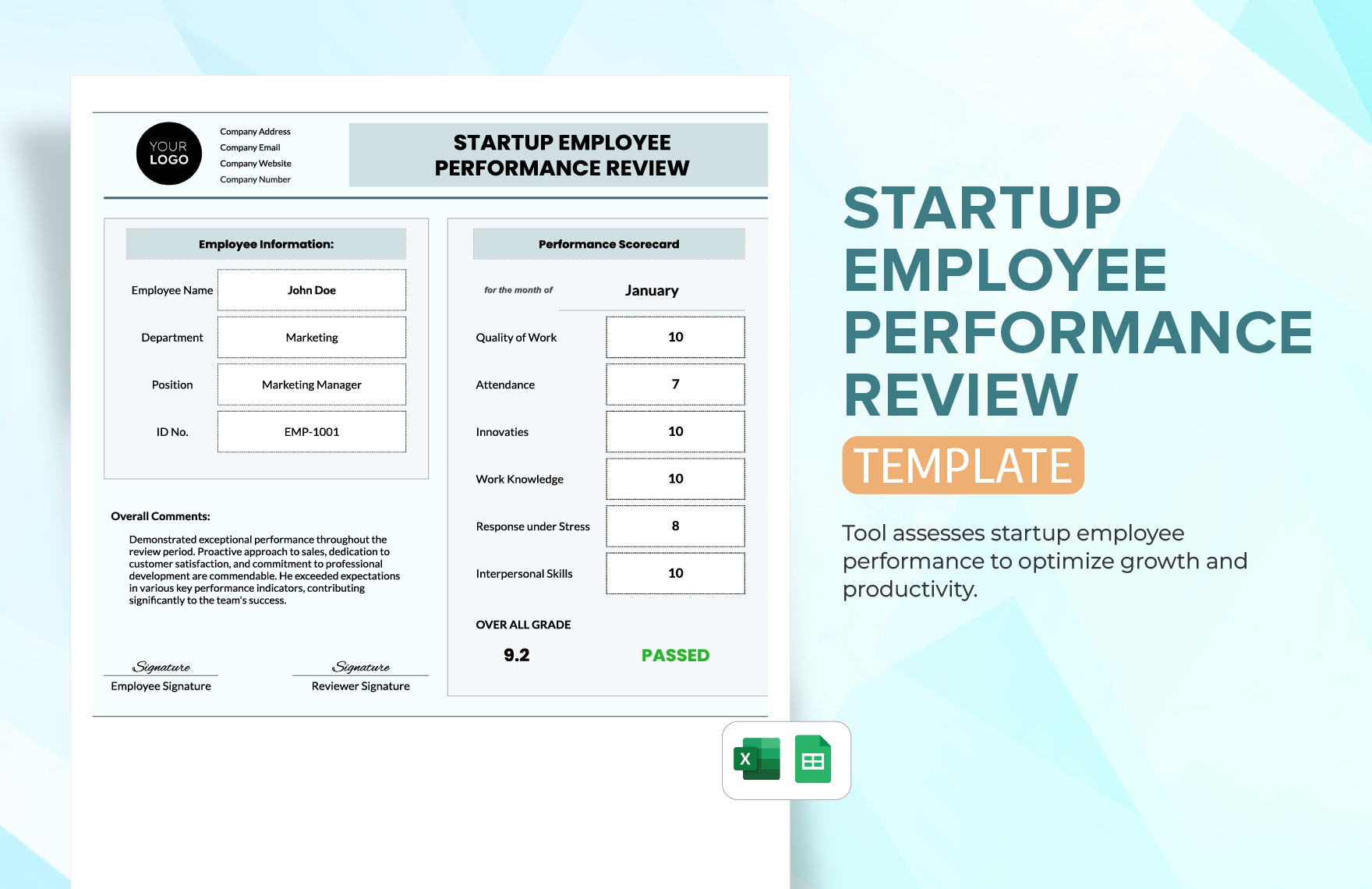 Startup Employee Performance Review Template in Excel, Google Sheets