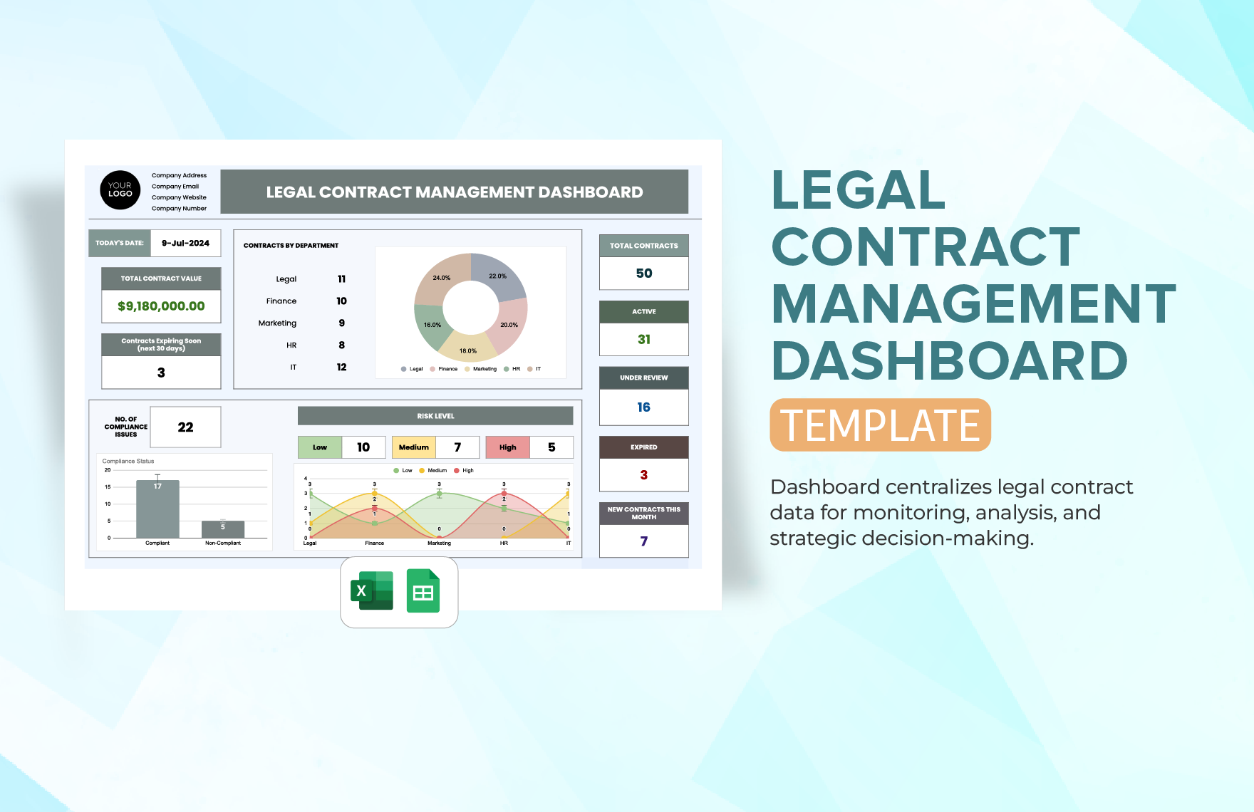 Legal Contract Management Dashboard Template in Excel, Google Sheets