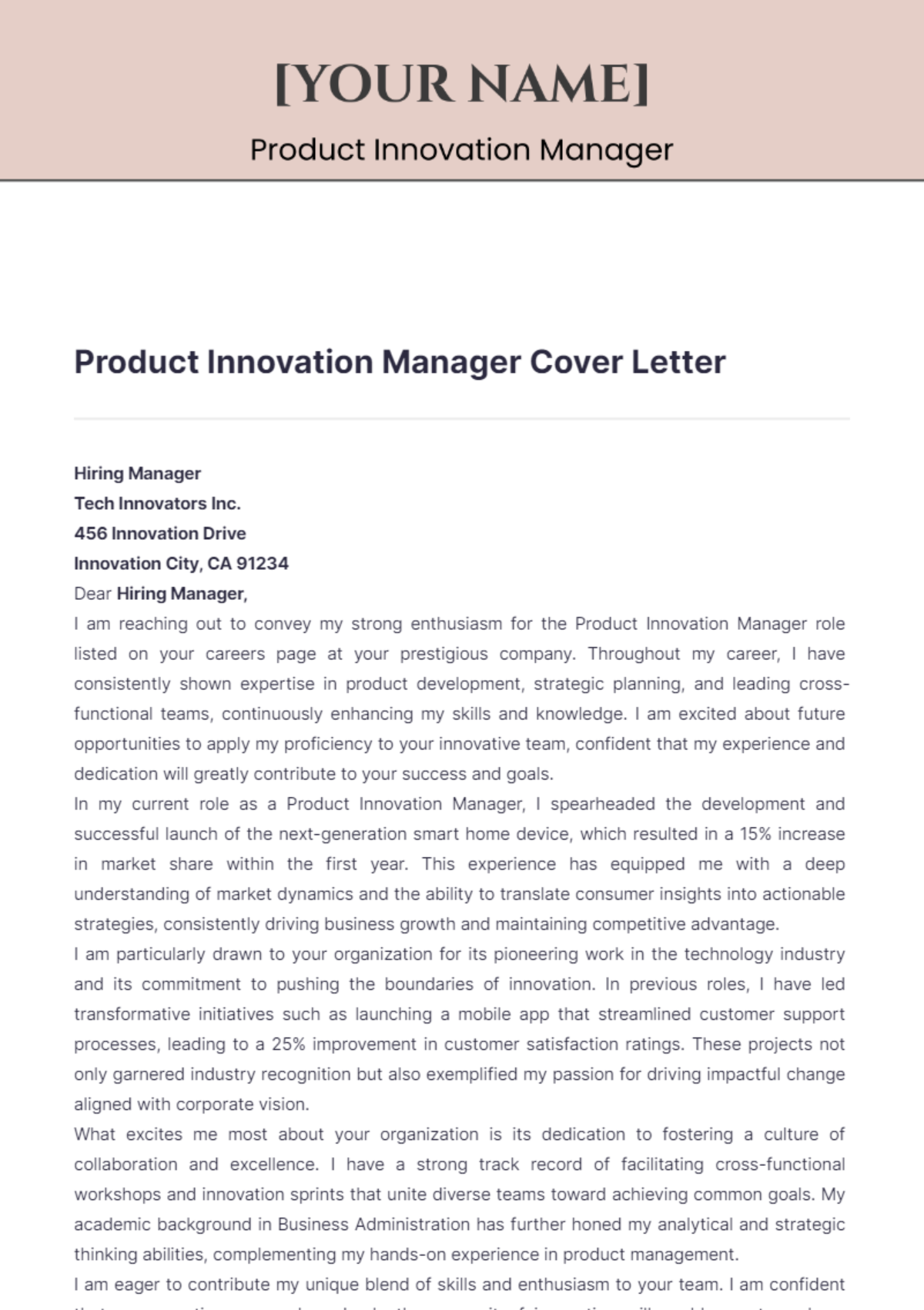 Product Innovation Manager Cover Letter