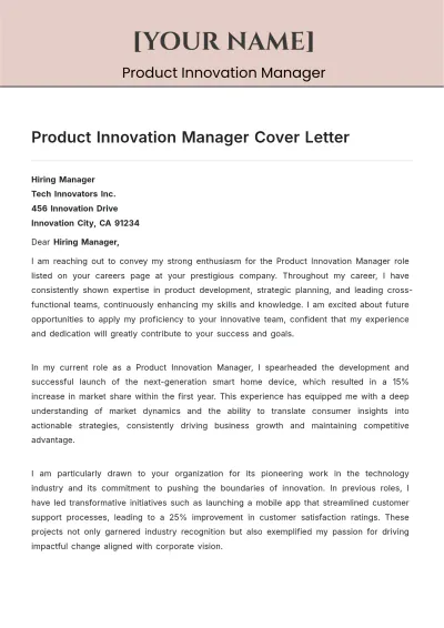 Free Product Innovation Manager Cover Letter to Edit Online