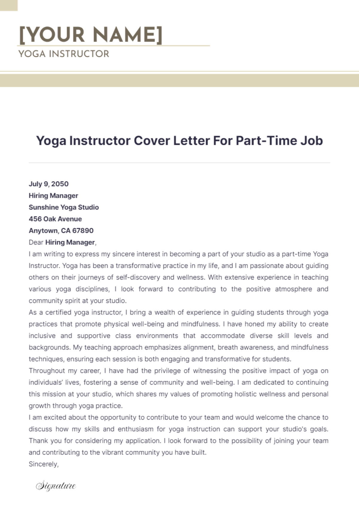 Yoga Instructor Cover Letter For Part Time Job