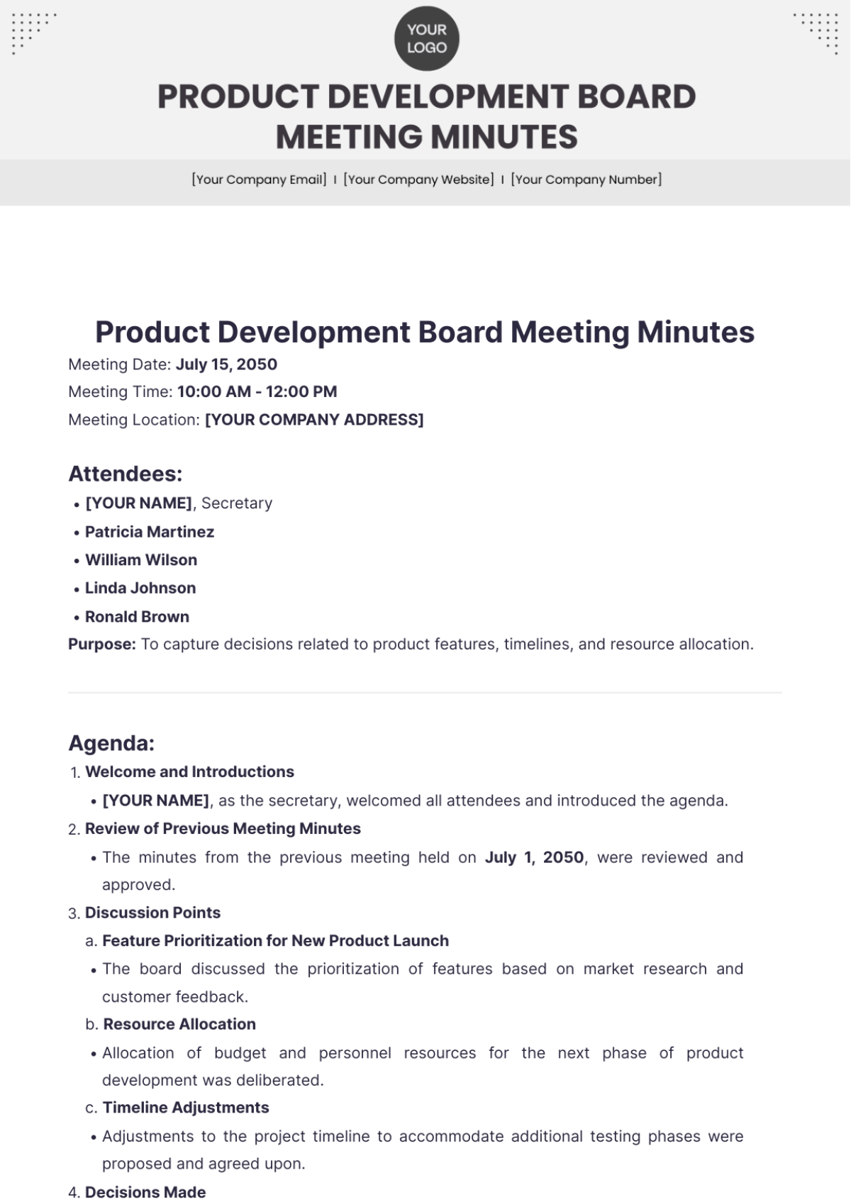 Product Development Board Meeting Minutes Template - Edit Online & Download