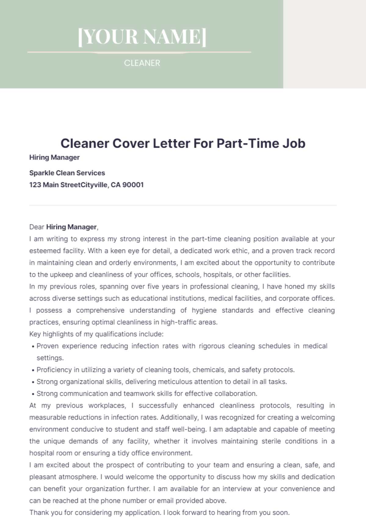 Cleaner Cover Letter For Part Time Job