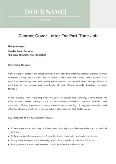 Free Cleaner Cover Letter For Part Time Job to Edit Online