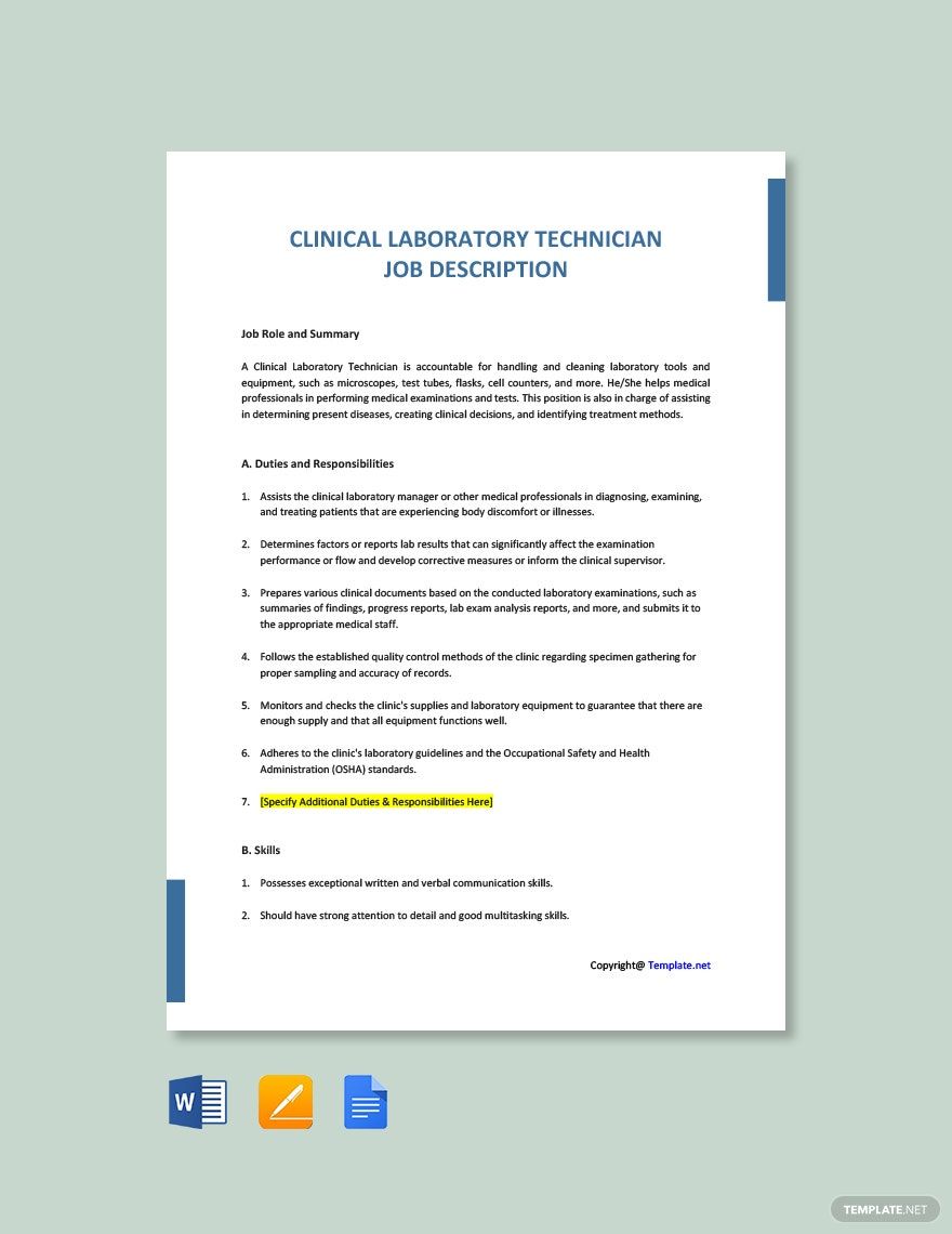 Clinical Laboratory Technician Job Description