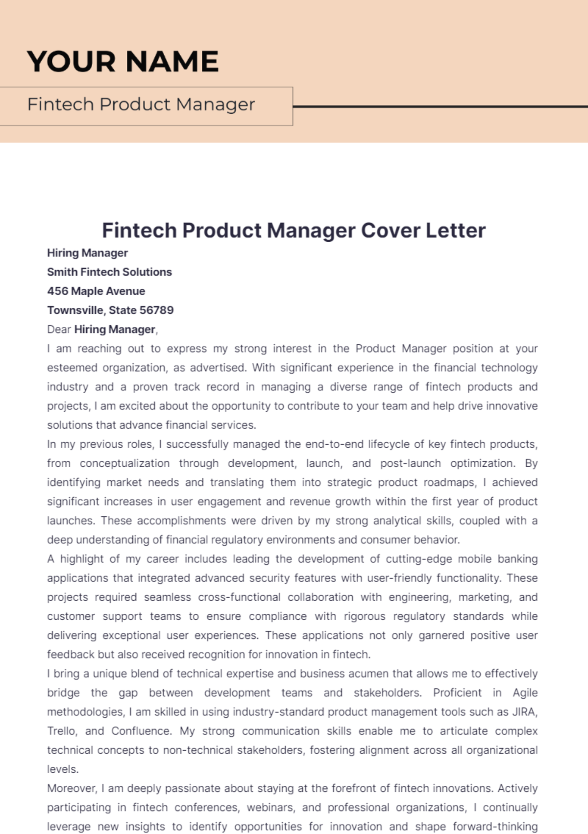 Fintech Product Manager Cover Letter