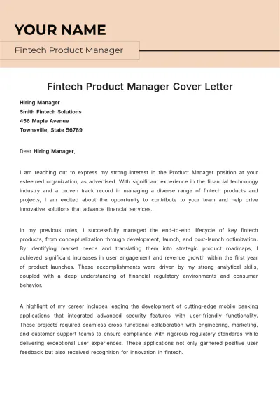 Free Fintech Product Manager Cover Letter to Edit Online