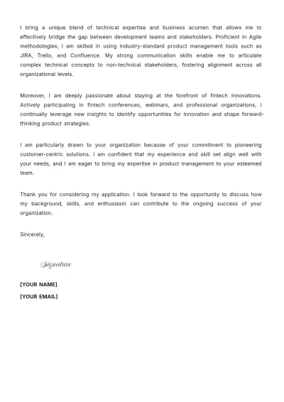 Free Fintech Product Manager Cover Letter to Edit Online