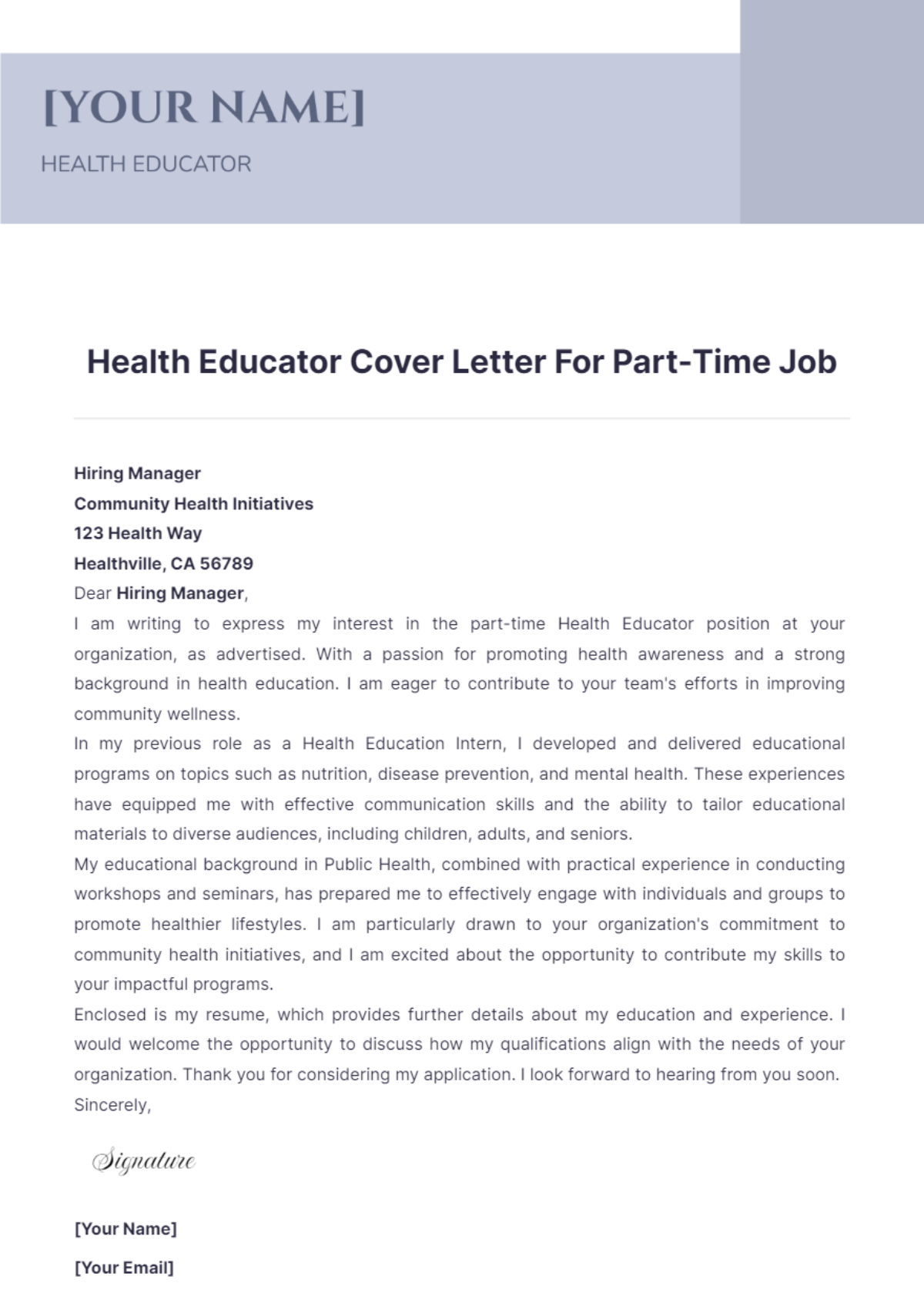 Health Educator Cover Letter For Part Time Job