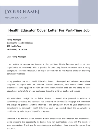 Free Health Educator Cover Letter For Part Time Job to Edit Online