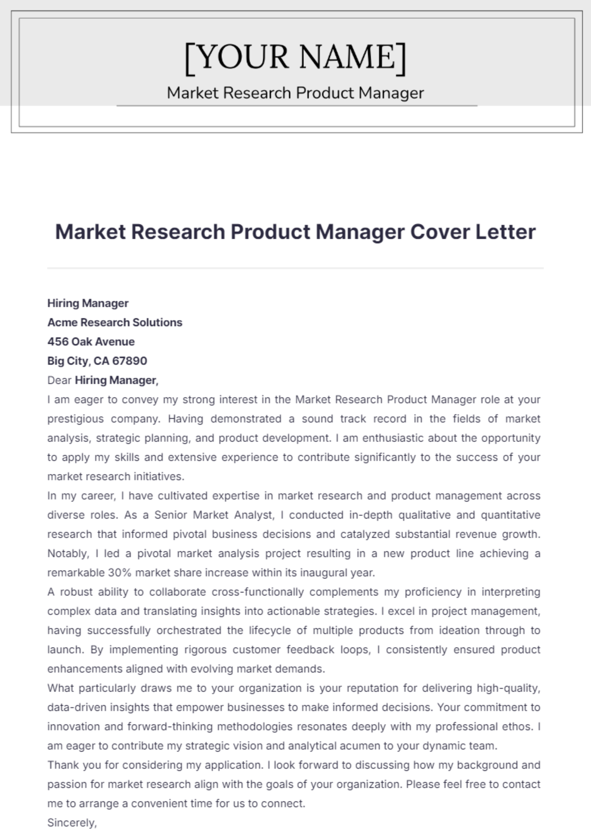 Market Research Product Manager Cover Letter