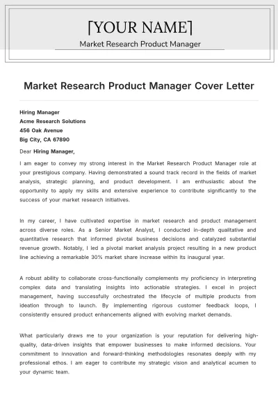 Free Market Research Product Manager Cover Letter to Edit Online