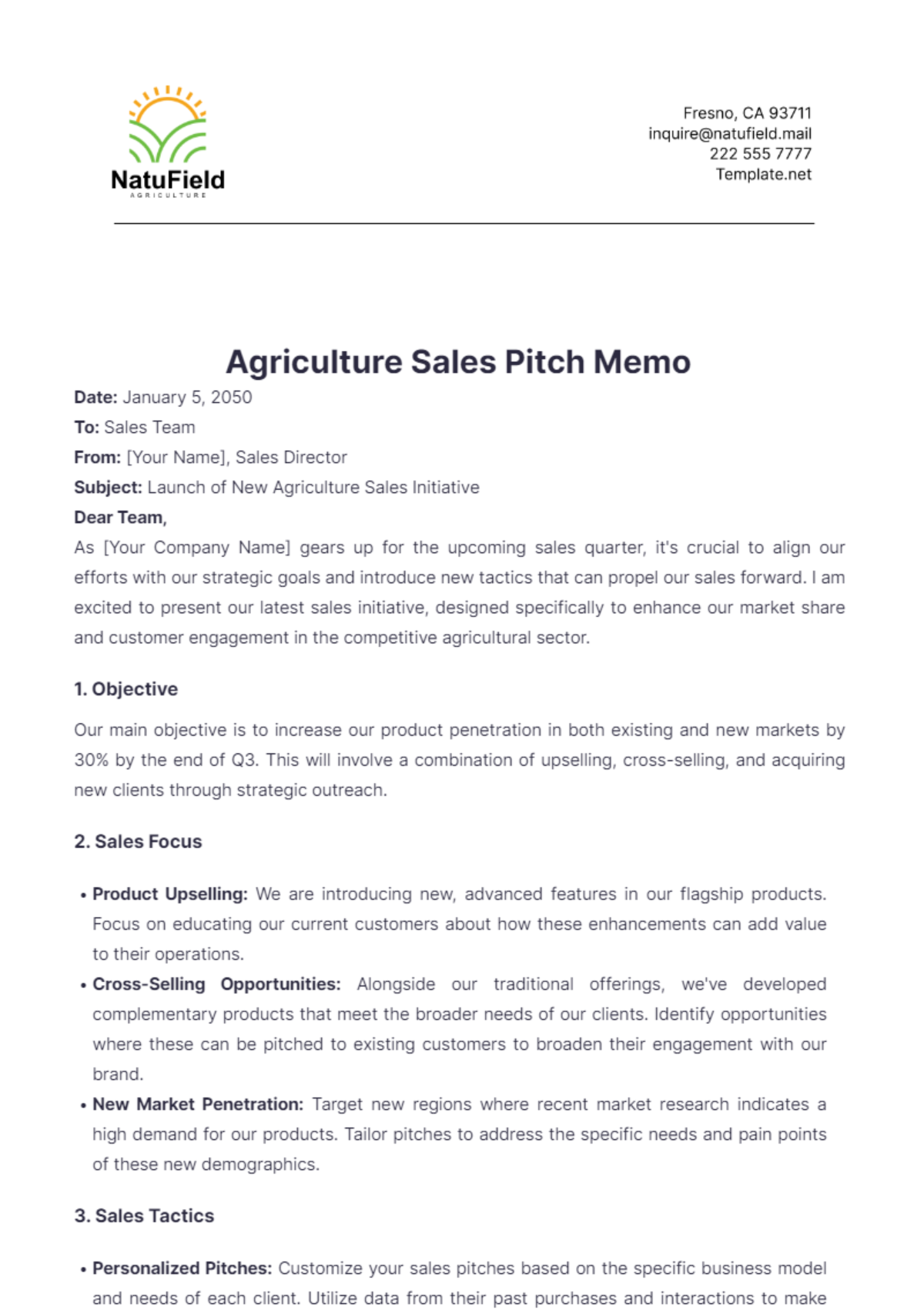 Agriculture Sales Pitch Memo Template - Edit Online & Download