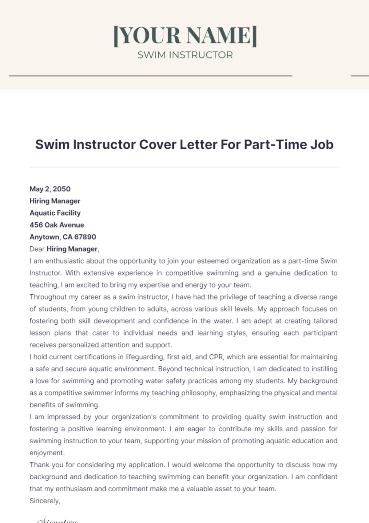 Swim Instructor Cover Letter For Part Time Job