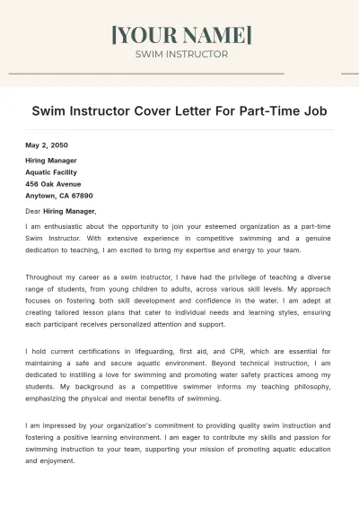 Free Swim Instructor Cover Letter For Part Time Job to Edit Online