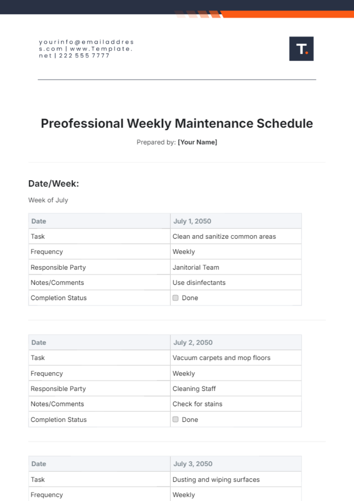 Weekly Maintenance Schedule Template - Edit Online & Download