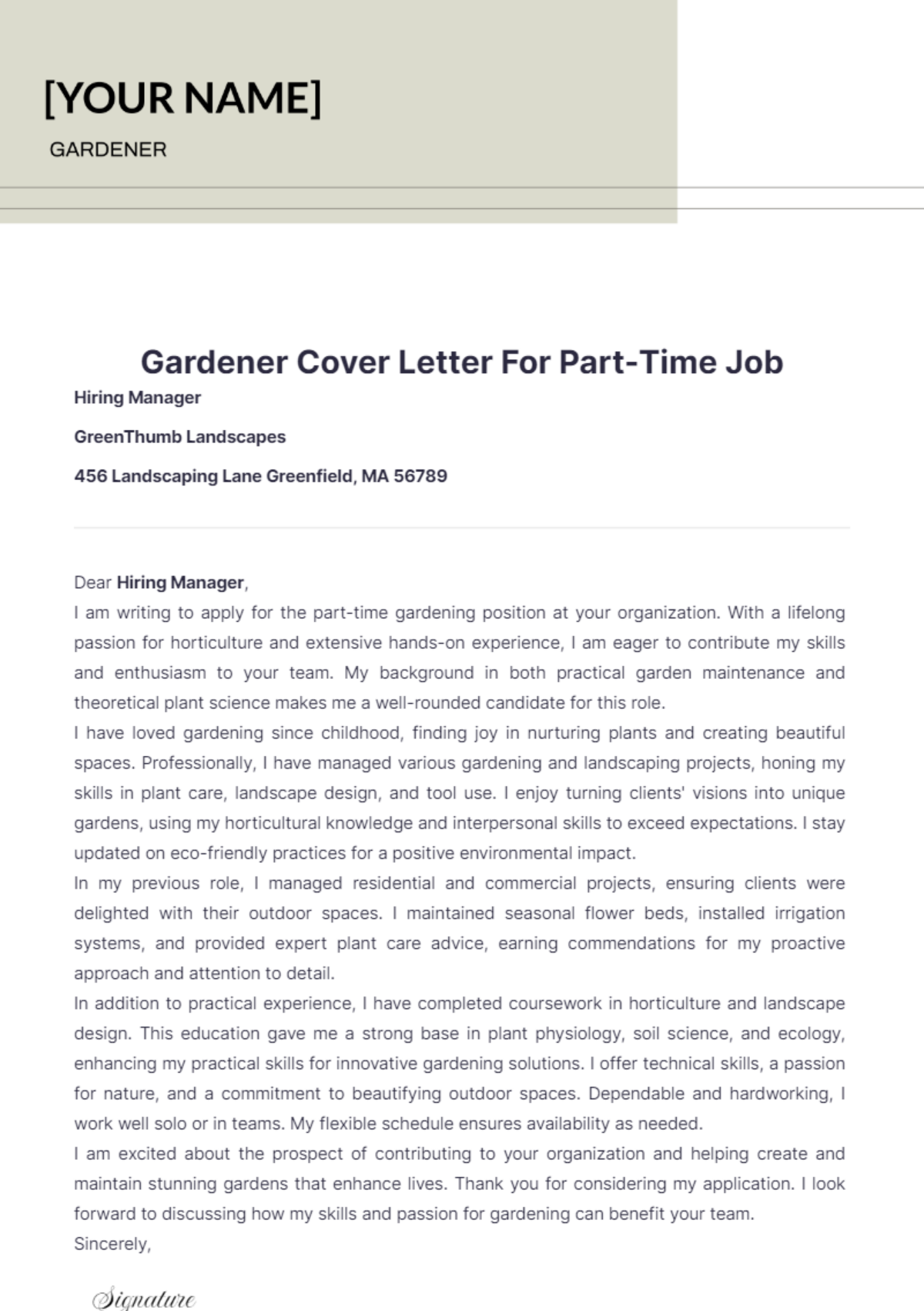 Gardener Cover Letter For Part Time Job