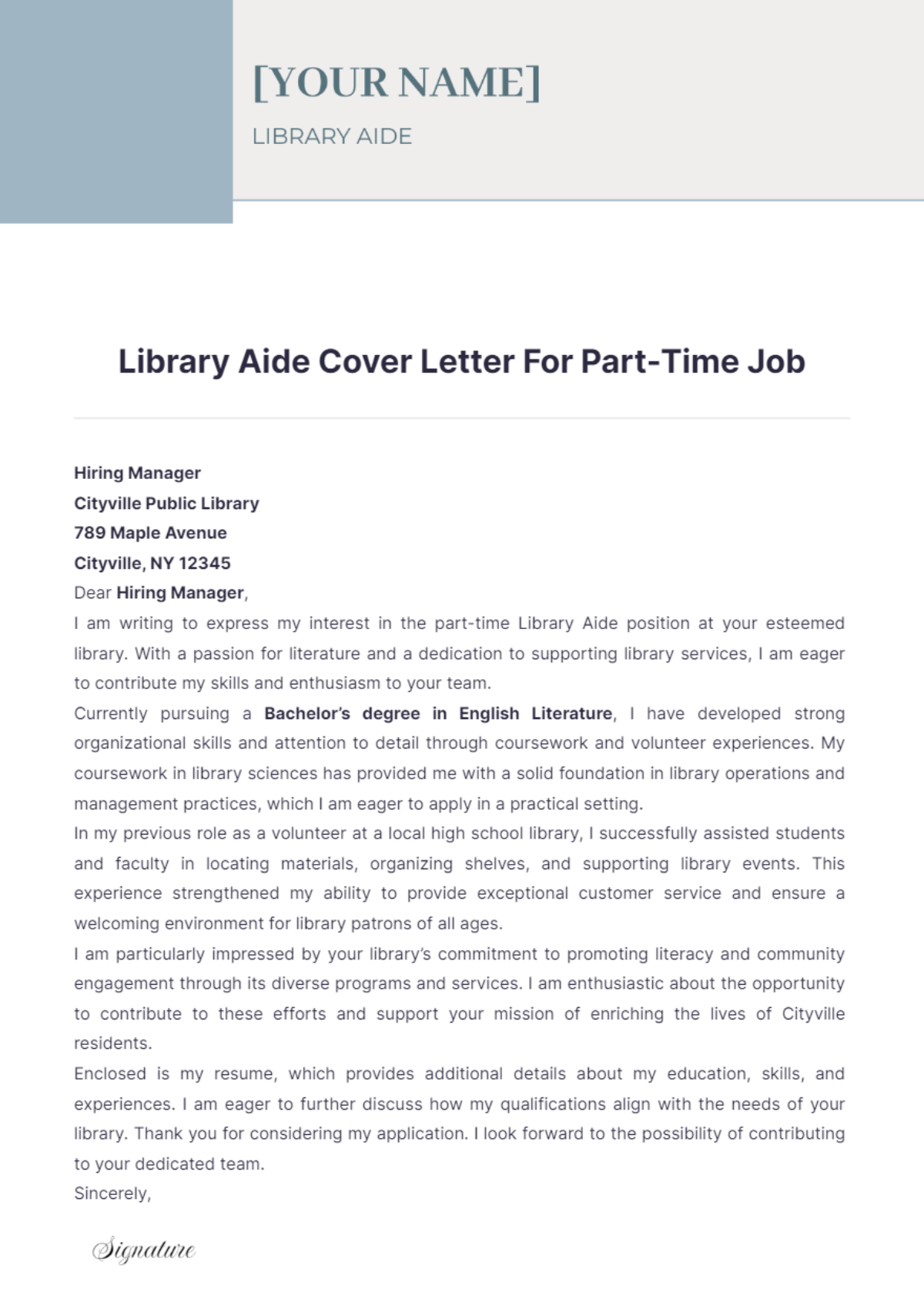 Library Aide Cover Letter For Part Time Job