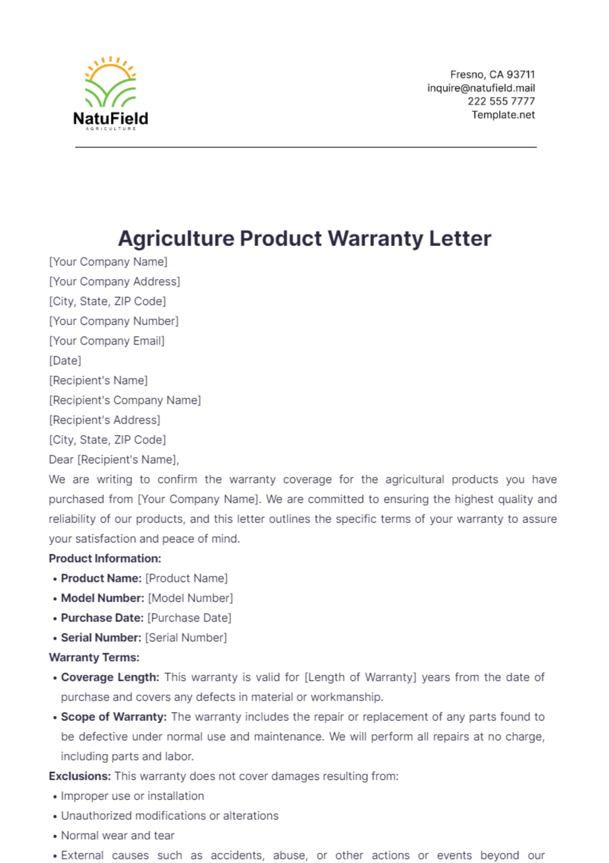 Agriculture Product Warranty Letter Template