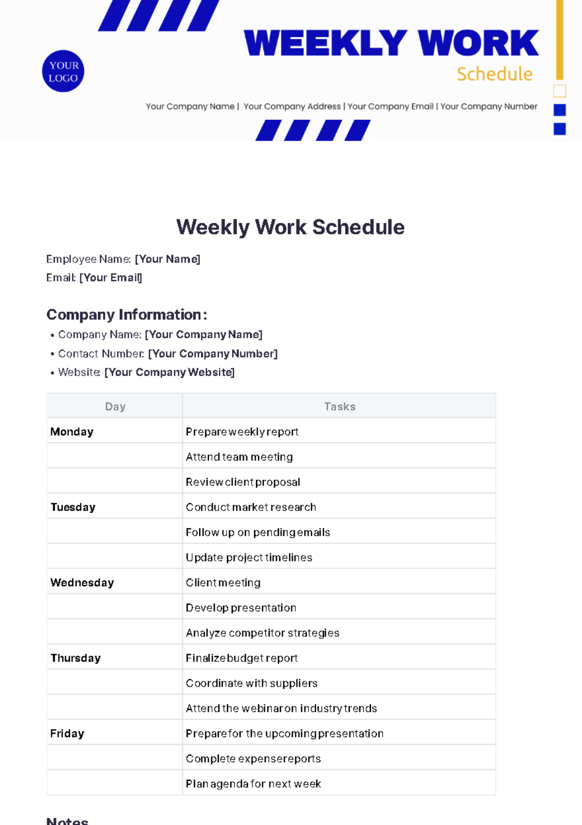 Weekly Work Schedule Template - Edit Online & Download