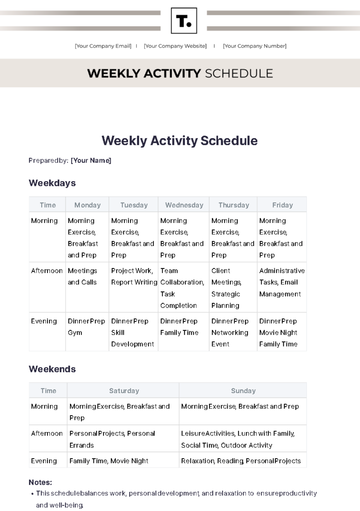 Weekly Activity Schedule Template - Edit Online & Download