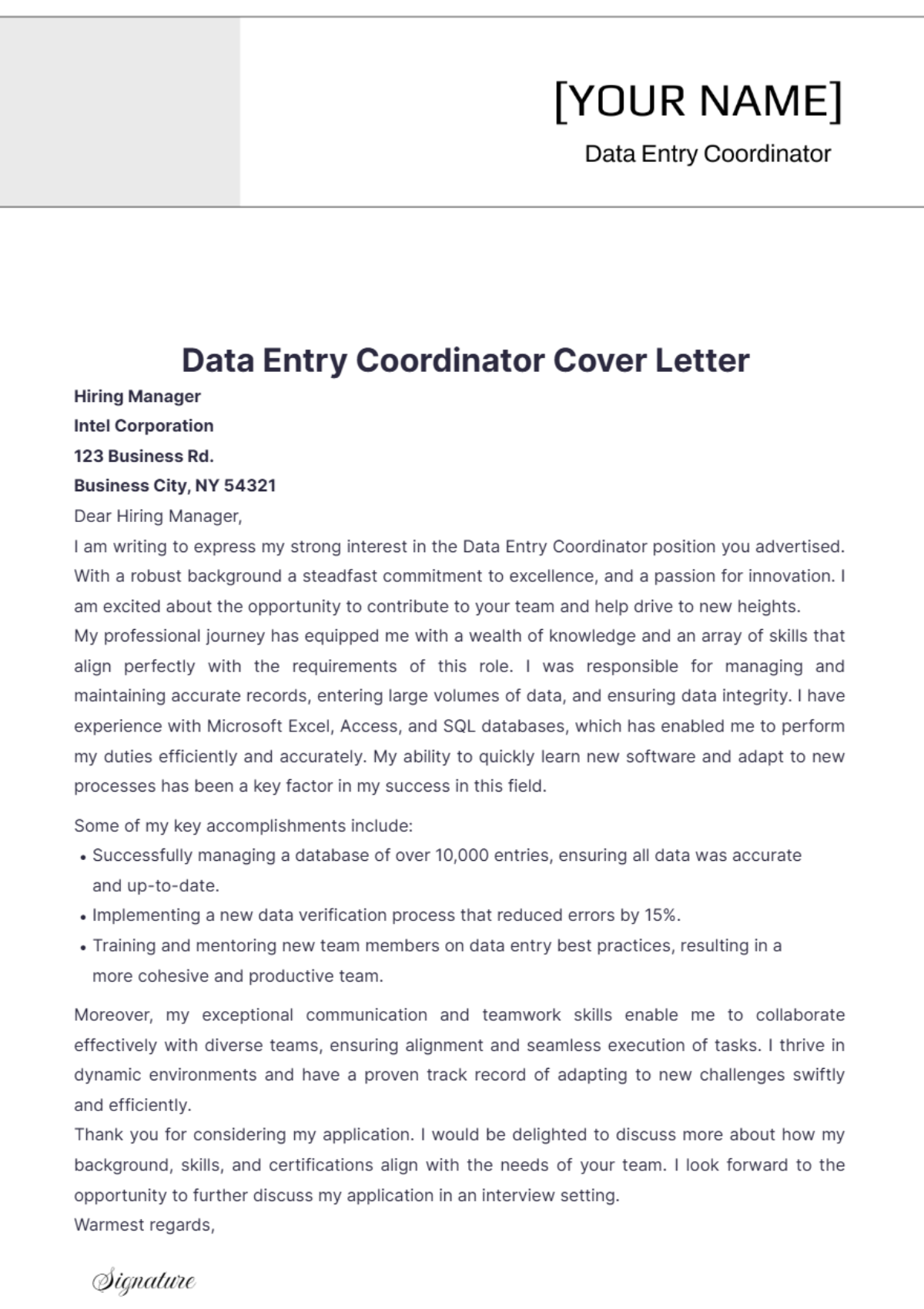 Data Entry Coordinator Cover Letter - Edit Online & Download