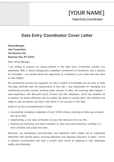 Free Data Entry Coordinator Cover Letter to Edit Online