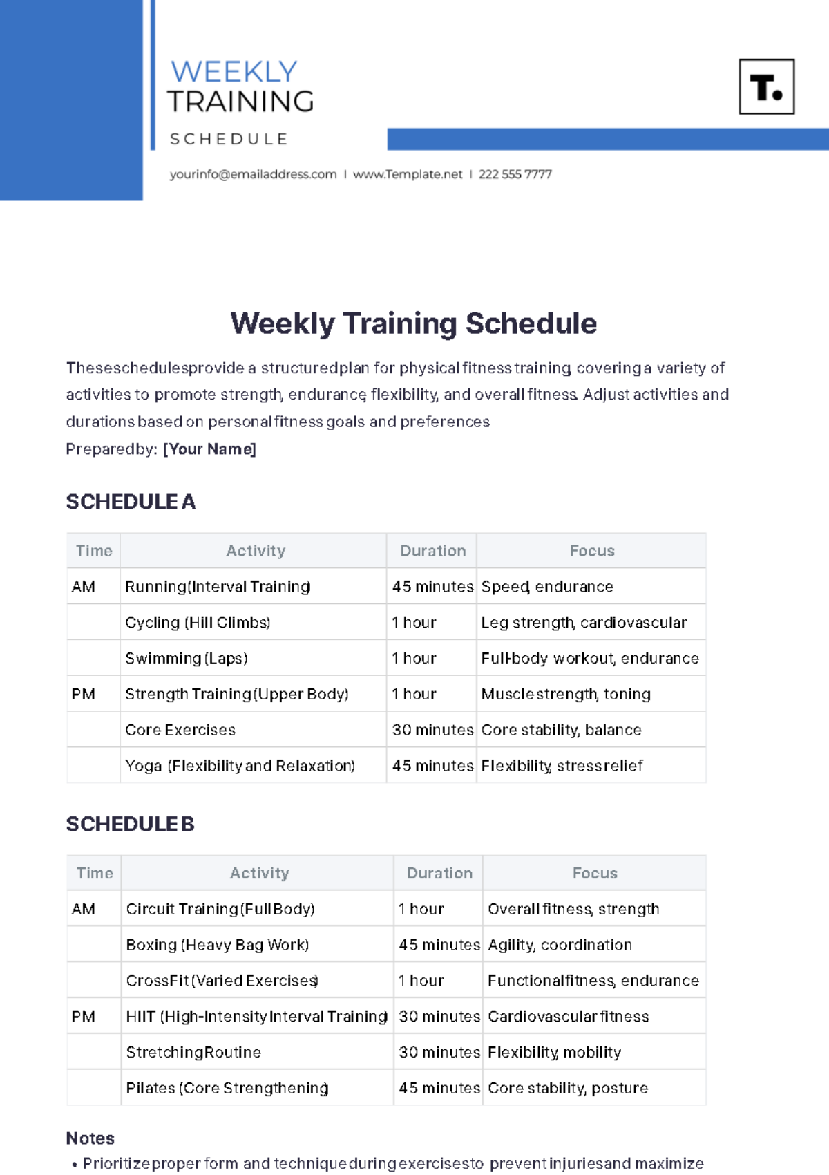 Weekly Training Schedule Template - Edit Online & Download