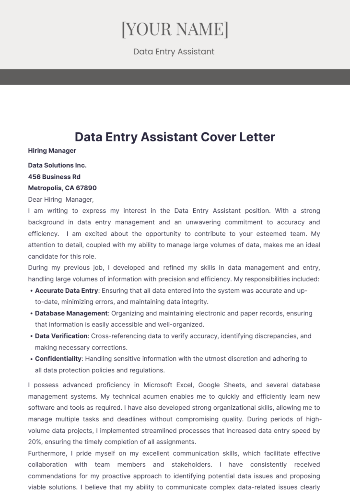 Data Entry Assistant Cover Letter - Edit Online & Download