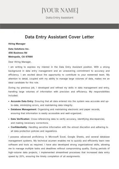Free Data Entry Assistant Cover Letter to Edit Online