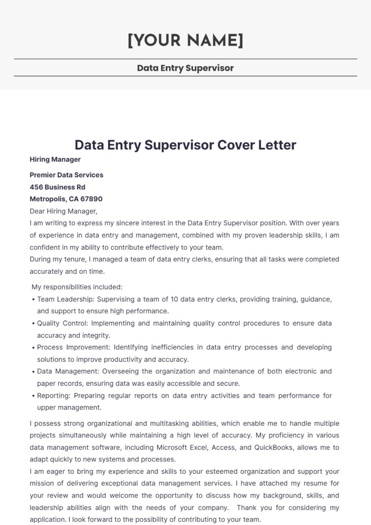 Data Entry Cover Letter Templates Edit Online And Download 