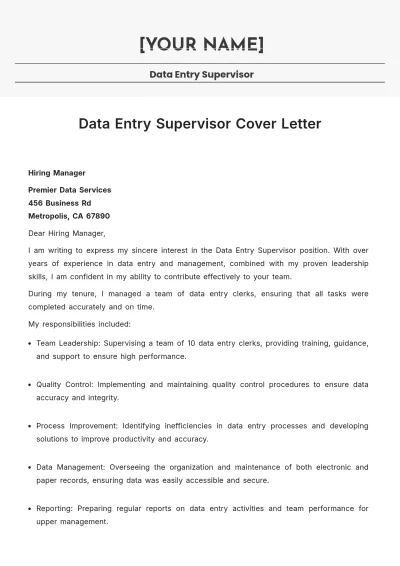 Free Data Entry Supervisor Cover Letter to Edit Online