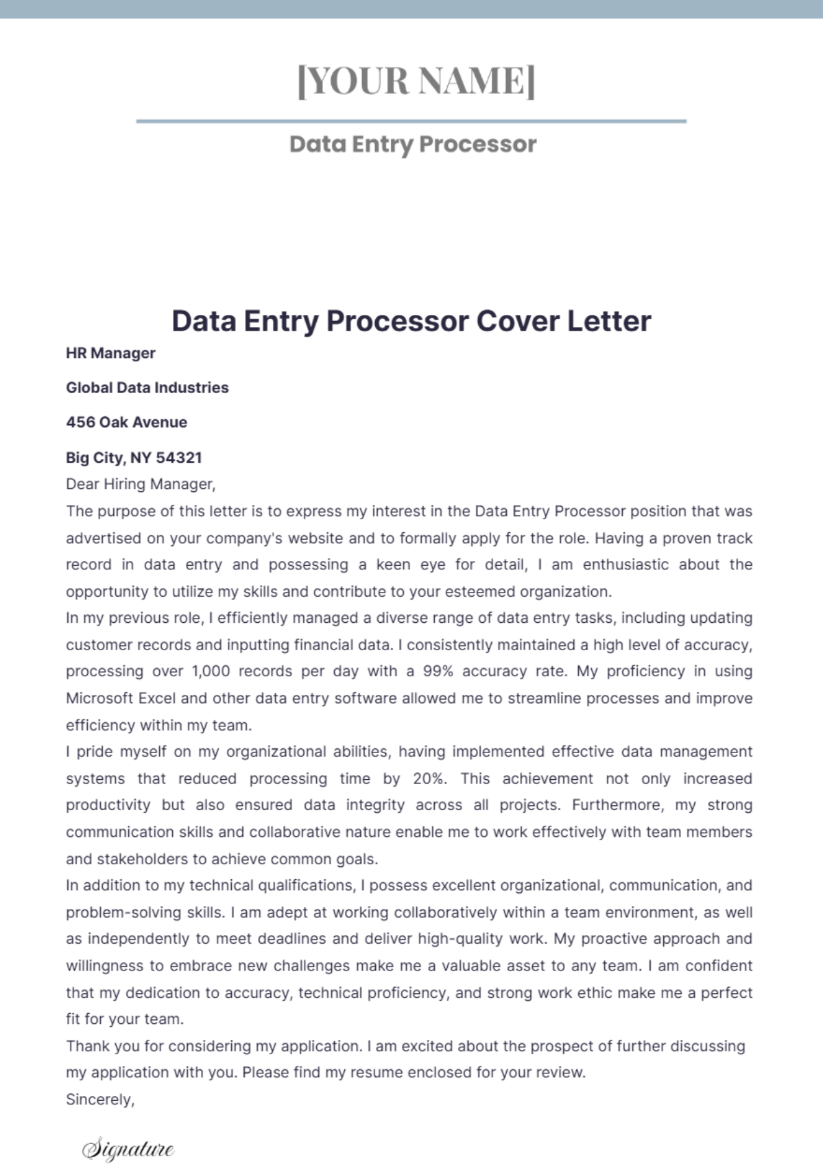 Data Entry Processor Cover Letter