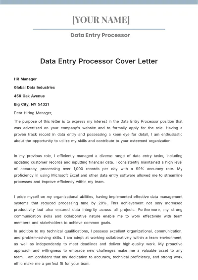 Free Data Entry Processor Cover Letter to Edit Online