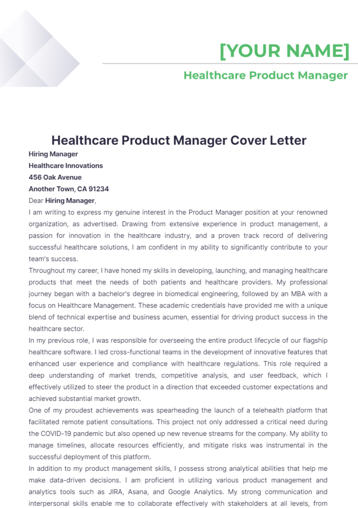 Healthcare Product Manager Cover Letter