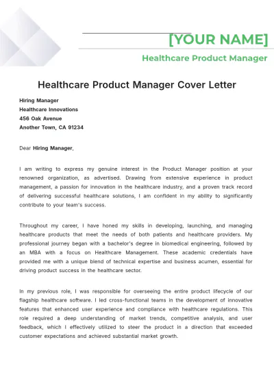 Free Healthcare Product Manager Cover Letter to Edit Online