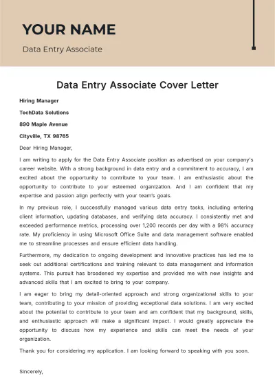 Free Data Entry Associate Cover Letter to Edit Online