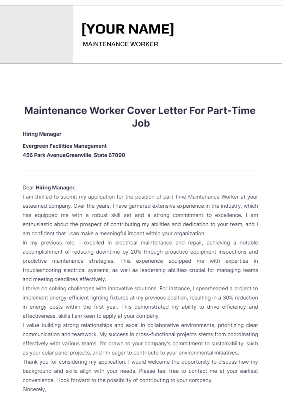 Maintenance Worker Cover Letter For Part Time Job