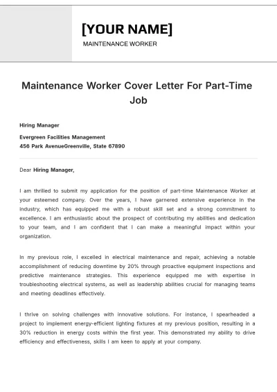 Free Maintenance Worker Cover Letter For Part Time Job to Edit Online