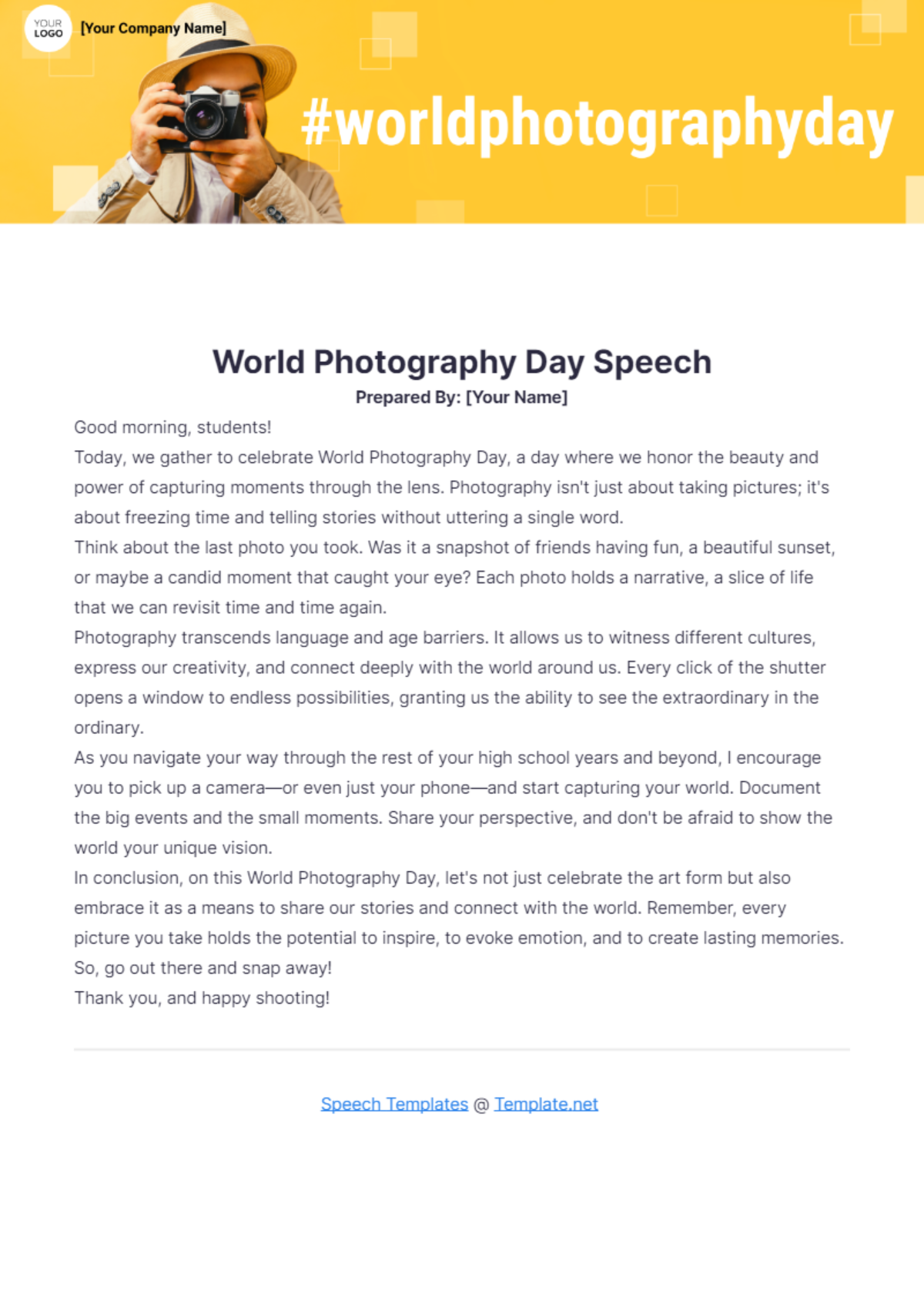 World Photography Day Speech Template - Edit Online & Download