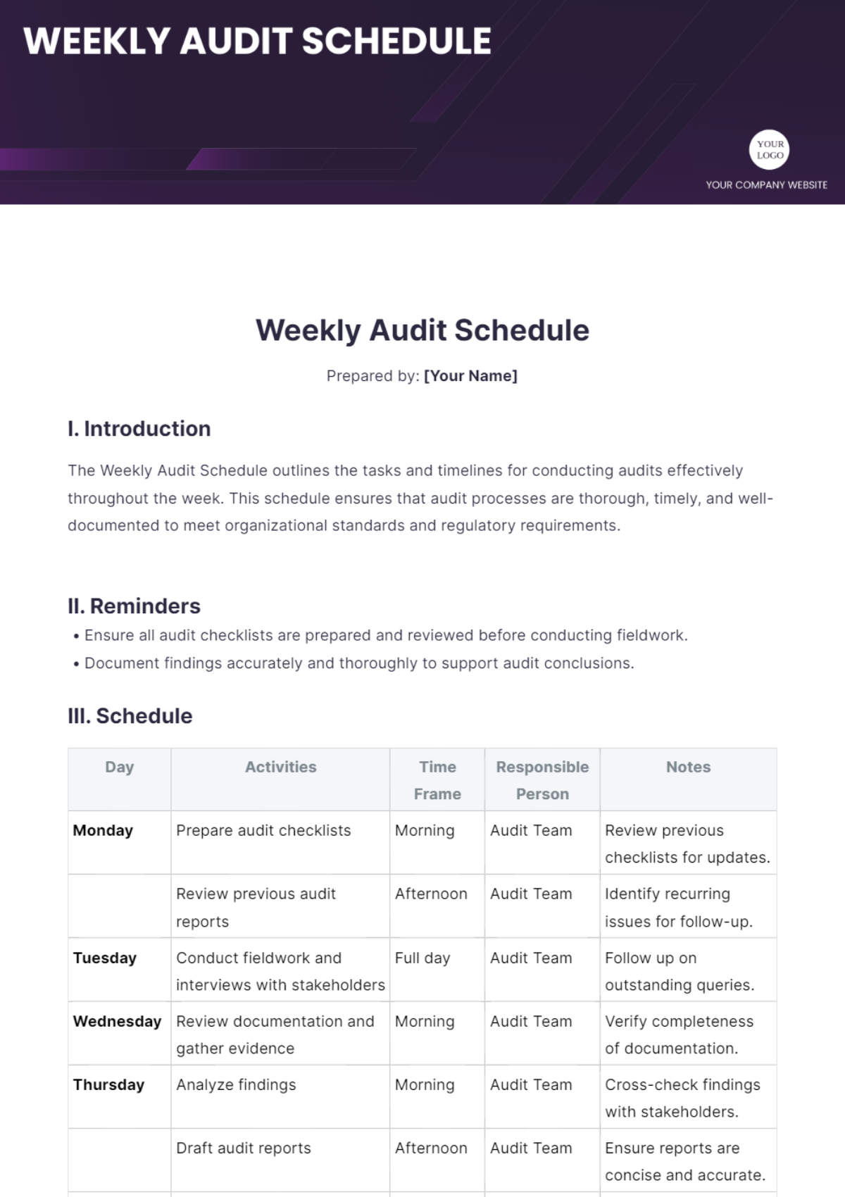 Weekly Audit Schedule Template - Edit Online & Download